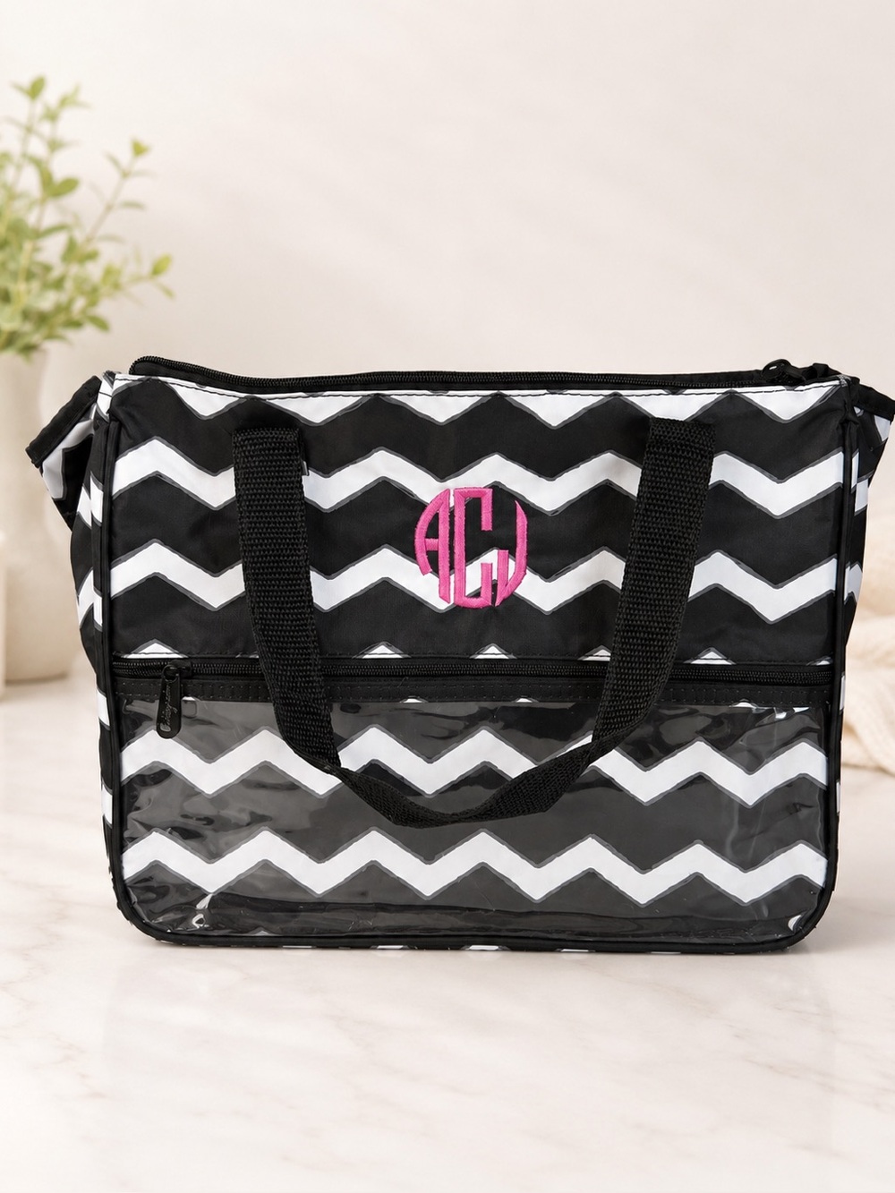 Thirty-One Black & White Chevron Cosmetic Bag with Pink Monogram